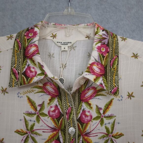 Max Studio | NWT Floral Print Short Sleeve Blouse Ecru | Size S - Picture 2 of 12